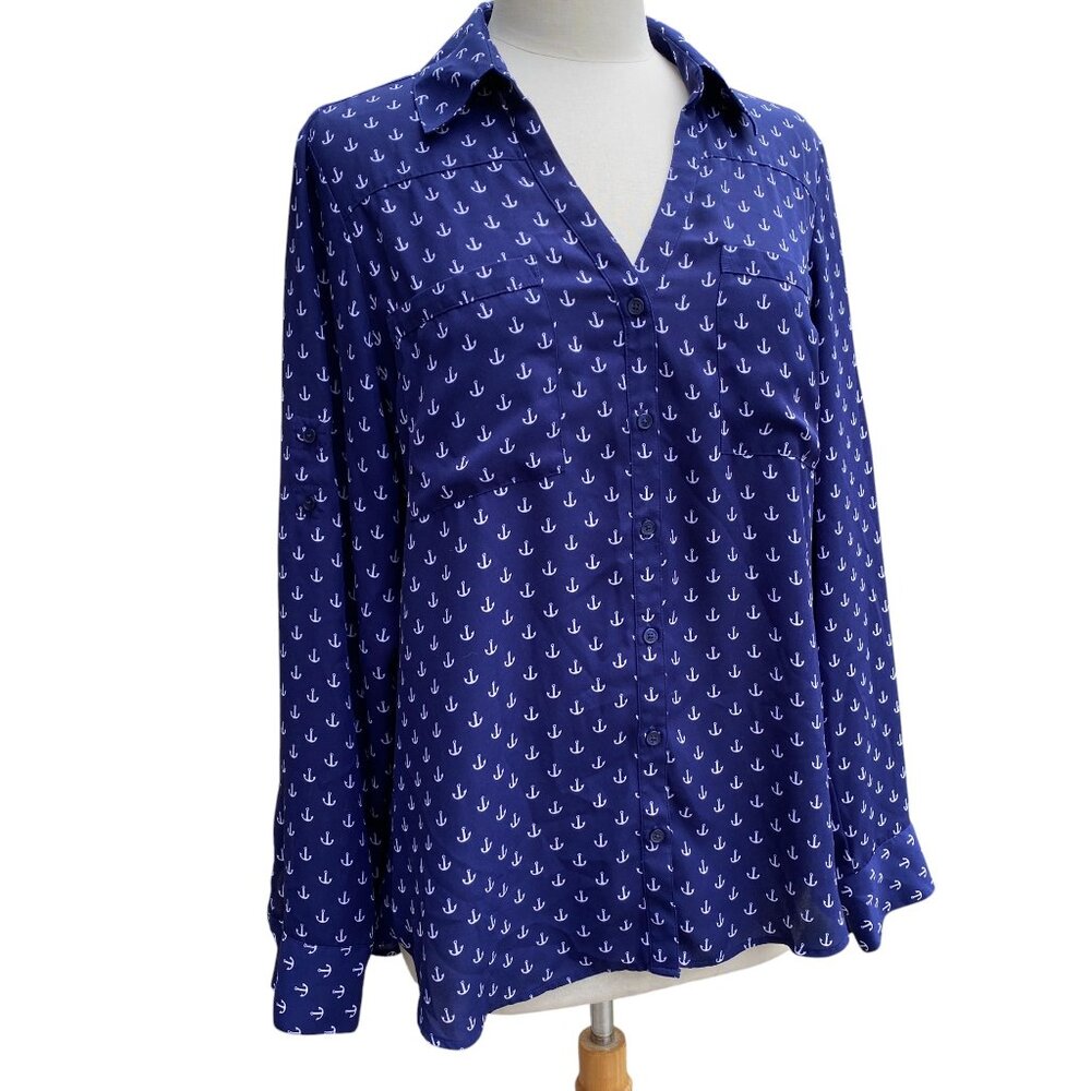 Express The Portofino Shirt Blue Nautical Anchor Print Roll Tab Coastal Preppy-L - Picture 15 of 15